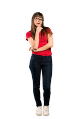 Full-length shot of Woman with glasses thinking