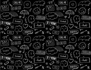Seamless pattern with speech bubbles and comic style elements, love theme, doodle style hand drawn