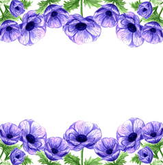 Hand drawn watercolor violet anemones frame