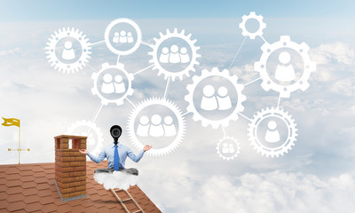 Concept of security and privacy protection with camera headed man meditating