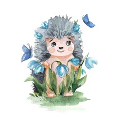 Cute hedgehog with snowdrops 