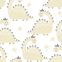 Cute seamless pattern with funny dinosaurs. vector illustration.