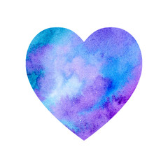 Watercolor blue violet heart. Love symbol. Valentine day card. 