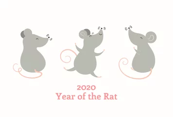 Wall murals Illustrations 2020 Chinese New Year greeting card with cute rats, text, numbers. Isolated objects on white background. Vector illustration. Flat style design. Concept for holiday banner, decor element.