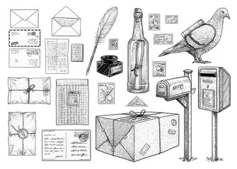 Correspondence equipment collection, illustration, drawing, engraving, ink, line art, vector - 258293982