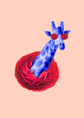Nature combination - plants and animals in safety. Big red flower with giraffe head in centre. Eyes...