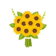 Festive gift bouquet of decorative yellow sunflowers tied with ribbon on empty background