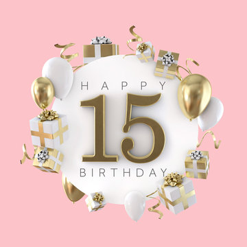 Happy 15th birthday party composition with balloons and presents. 3D Render