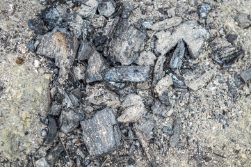 Unburnt wood charcoal ashes extinguished on the ground.