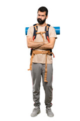 Hiker man feeling upset over isolated white background