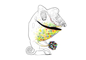 cartoon chameleon and  cube illustration isolated on white background