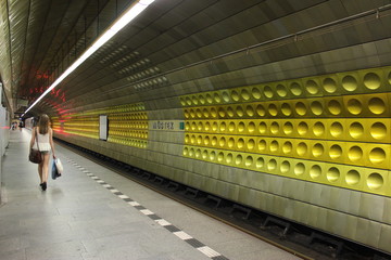 PRAGUE, CZECH REPUBLIC, A metro underground station of Prague Metro with colorful decoration of...
