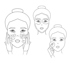 Simple woman face. Asian girl puts on a face mask and washing face. Skin care procedures. Isolated vector illustration for cosmetics packaging design, or your business. Facial care products.