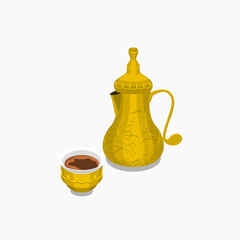 Editable Isolated on White Background Arab Coffee in Patterned Bulbous Bottom Dallah Pot and Finjan Cup Vector Illustration for Cafe With Middle Eastern Culture Tradition and Islamic Moments Design