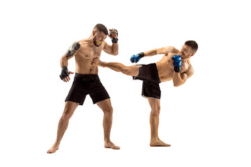 MMA. Two professional fightesr punching or boxing isolated on white studio background. Couple of fit muscular caucasian athletes or boxers fighting. Sport, competition, excitement and human emotions