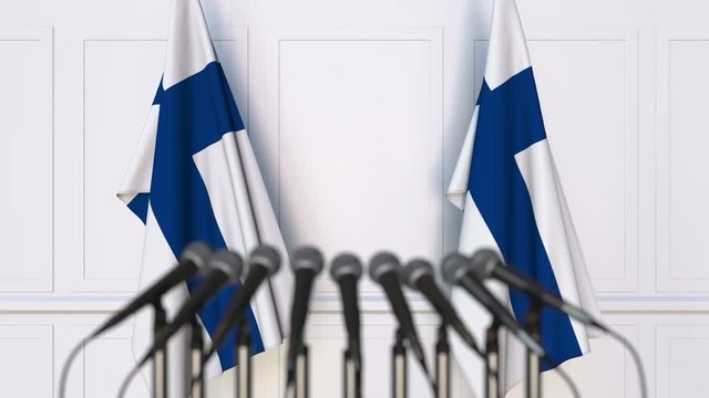 Finnish official press conference with flags of Finland. 3D animation
