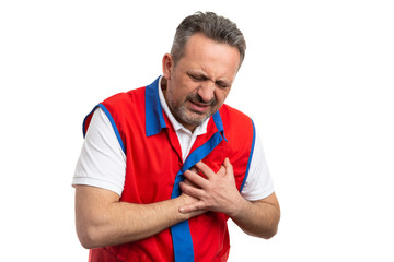 Male supermarket employee having cardiac problem.