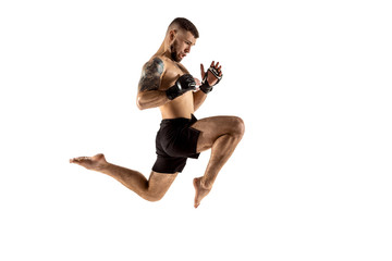 MMA. Professional fighter isolated on white studio background. Sport, competition, excitement and...