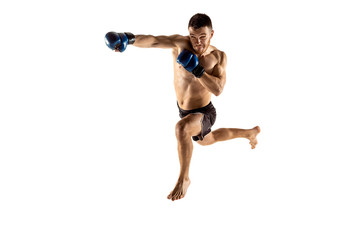 MMA. Professional fighter isolated on white studio background. Sport, competition, excitement and human emotions concept
