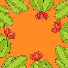 Cute hand drawn pattern with cactus. Doodle mexican plant vector pattern with place for your text