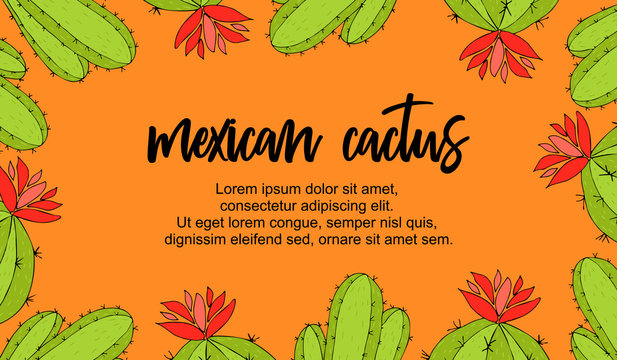 Cute hand drawn pattern with cactus poster. Doodle mexican plant vector pattern with place for your text. Web design vector Illustration