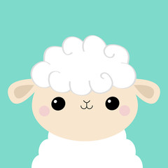 Obraz premium Sheep lamb face head icon. Cloud shape. Cute cartoon kawaii funny smiling baby character. Nursery decoration. Sweet dreams. Flat design. Blue background. Isolated.