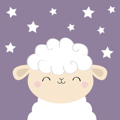 Sheep lamb sleeping face head icon. Cloud shape. Cute cartoon kawaii funny smiling baby character. Nursery decoration. Sweet dreams. Flat design. Violet background with stars on the sky.