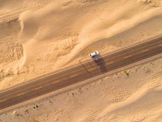 aerial view of highway on the gobi desert xinjiang， 