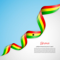Vector banner in white and blue colors and waving ribbon with flag of Ghana. Template for poster design, brochures, printed materials, logos, independence day. National flags