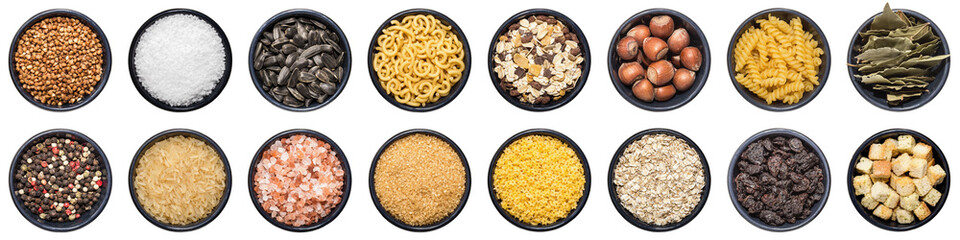 Collection of different spices, nuts, beans etc. isolated on white background