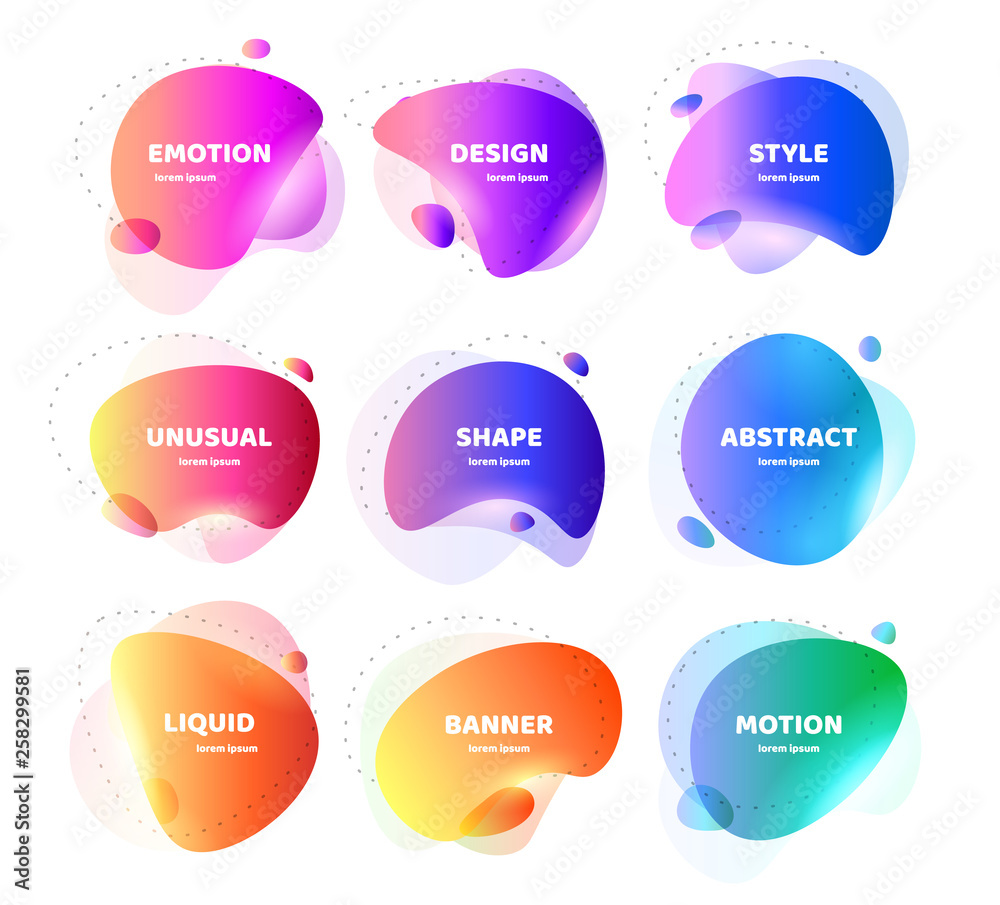 Aufkleber Set of Modern abstract vector banner. Flat geometric colorful liquid shape. Colored design template of a logo, flyer, banner, presentation. Concept design for business. Isolated vector illustration.