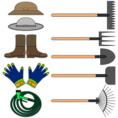 Set of various gardening tools with protective clothes. Items for gardening and farming. Set of farm tools. Garden instruments collection. Farming equipment. Vector illustration.