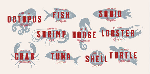 Seafood vintage logo set. Sea creatures, fishing or restaurant emblems. Retro style logo template. Modern emblem idea. Concept design for business. Isolated vector illustration on white background.