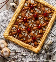 Mazurek pastry, traditional Polish Easter cake made of shortcrust pastry,  fudge caramel cream,...