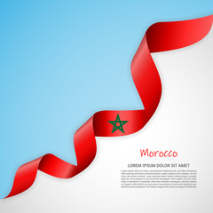 Vector banner in white and blue colors and waving ribbon with flag of Morocco. Template for poster design, brochures, printed materials, logos, independence day. National flags