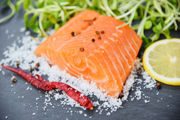 Fresh salmon fillet on dark background / Close up of raw salmon fish seafood with lemon herbs spices