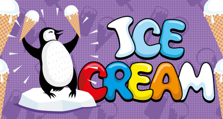 Cheerful penguin with ice cream on a purple background.