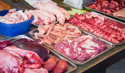 Raw pork for sale in the market