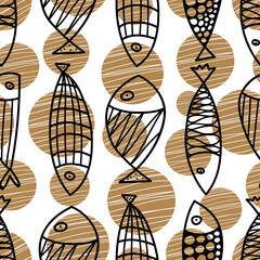 Cute line fish. and gold polka dots. Vector seamless pattern.