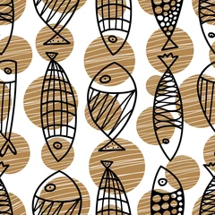 Printed roller blinds Gold fish Cute line fish. and gold polka dots. Vector seamless pattern.