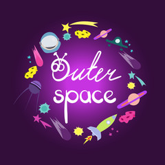 Outer space lettering. Round frame composition of space objects. Colorful vector hand drawn set of cute space cartoon doodle objects, symbols and items.