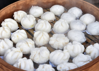 Food steamed dumpling on bamboo pan boiled and hot chinese stuff bun