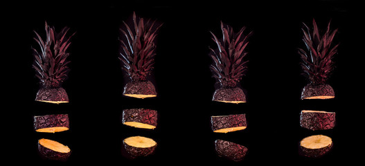 pineapple pieces on black background. Contemporary art collage