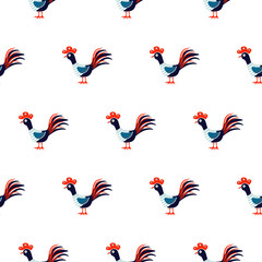 Cute roosters seamless vector pattern on white background.