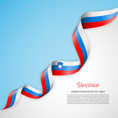 Vector banner in white and blue colors and waving ribbon with flag of Slovenia. Template for poster design, brochures, printed materials, logos, independence day. National flags