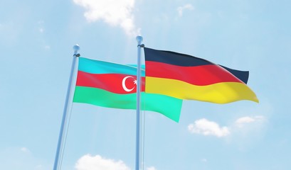 Germany and Azerbaijan, two flags waving against blue sky. 3d image