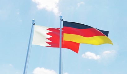 Germany and Bahrain, two flags waving against blue sky. 3d image