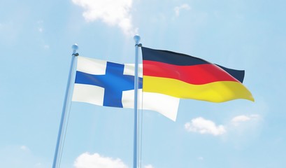 Germany and Finland, two flags waving against blue sky. 3d image