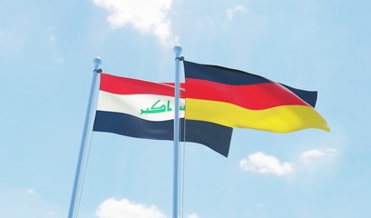 Germany and Iraq, two flags waving against blue sky. 3d image