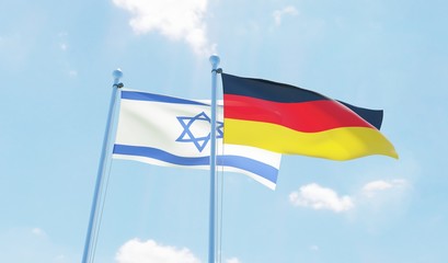 Germany and Israel, two flags waving against blue sky. 3d image